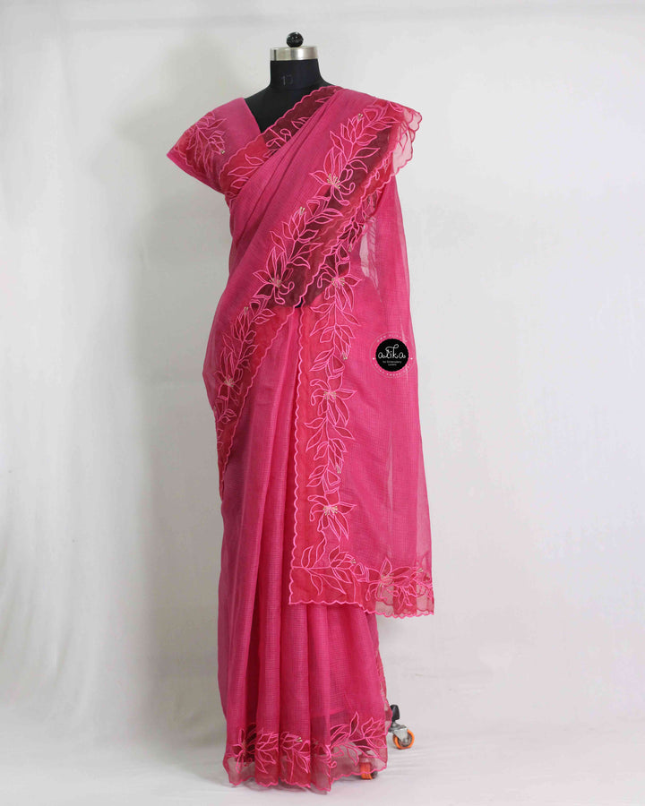 Rani Pink Pure Kota Doria Saree with Floral Appliqué Border