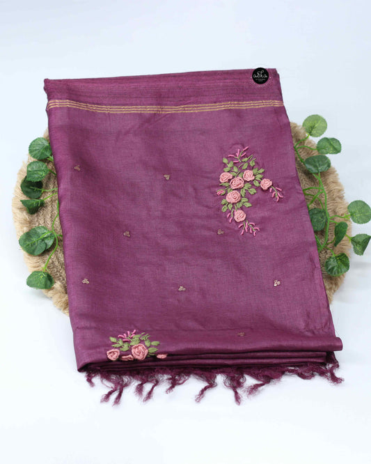 Dark mauve pure Tussar Silk Saree with Floral Hand Embroidery