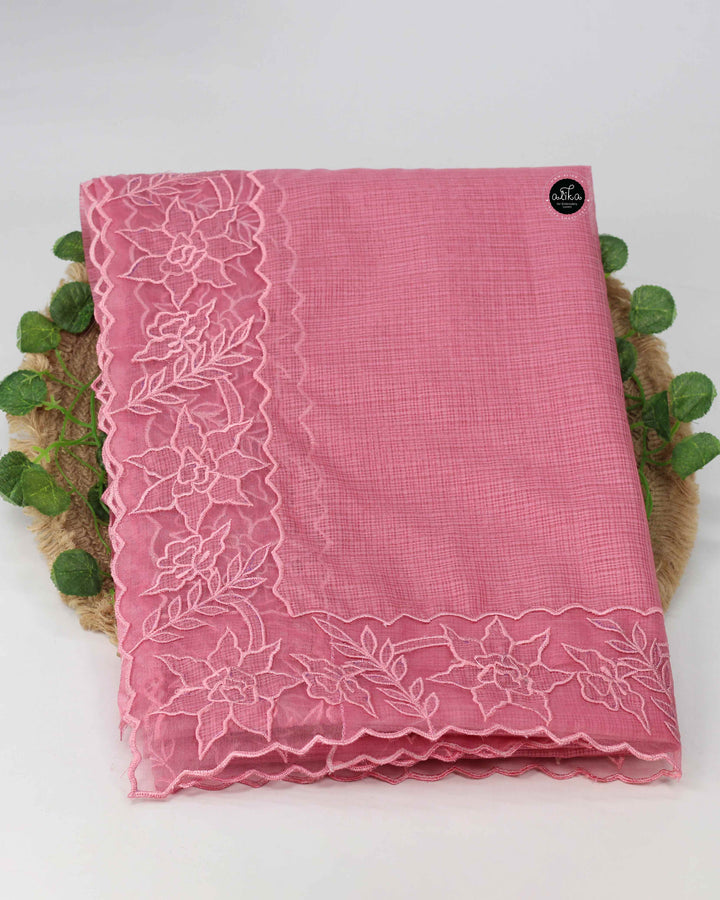 Salmon Pink Silky Kota Saree with Floral Appliqué Border