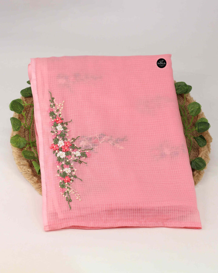 Peach Pink Cotton Kota Saree with Floral Ribbon Embroidery