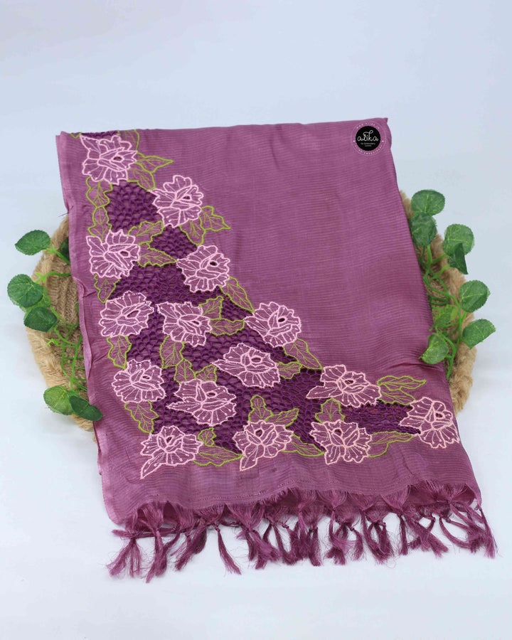 Purple Mauve Semi Tussar Saree with Floral Cut Work