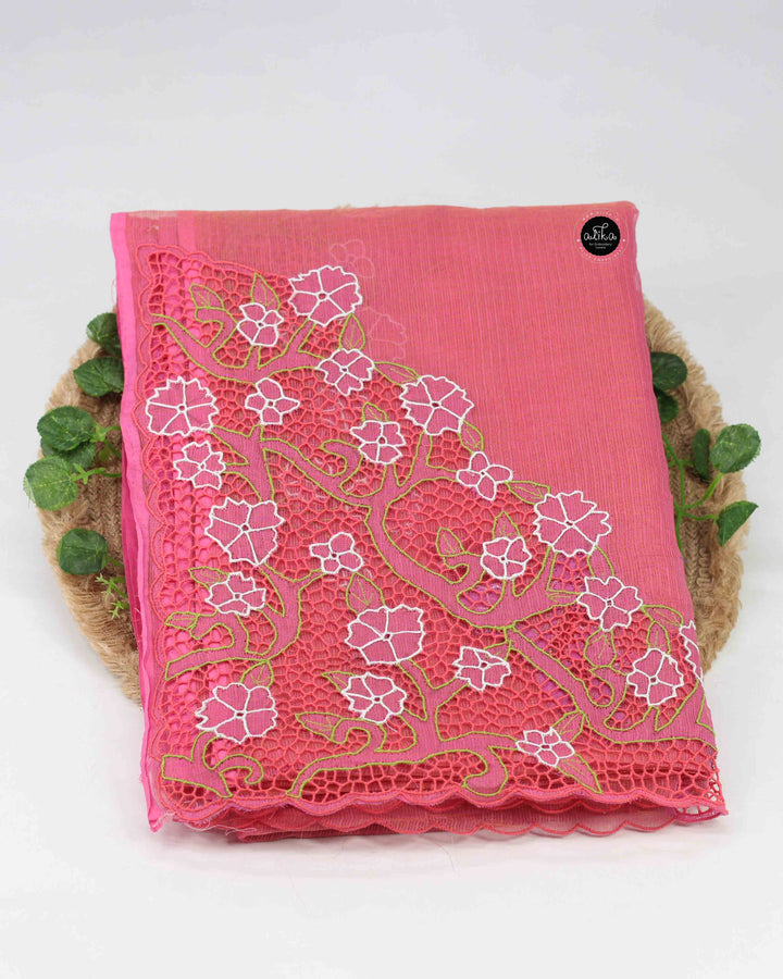 Peach Pure Tissue Saree with Floral Twine Cutwork