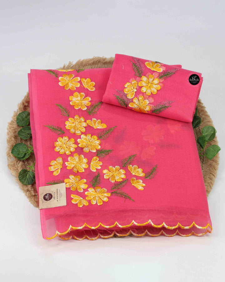 Warm Pink Kota Saree with Floral Machine Embroidery