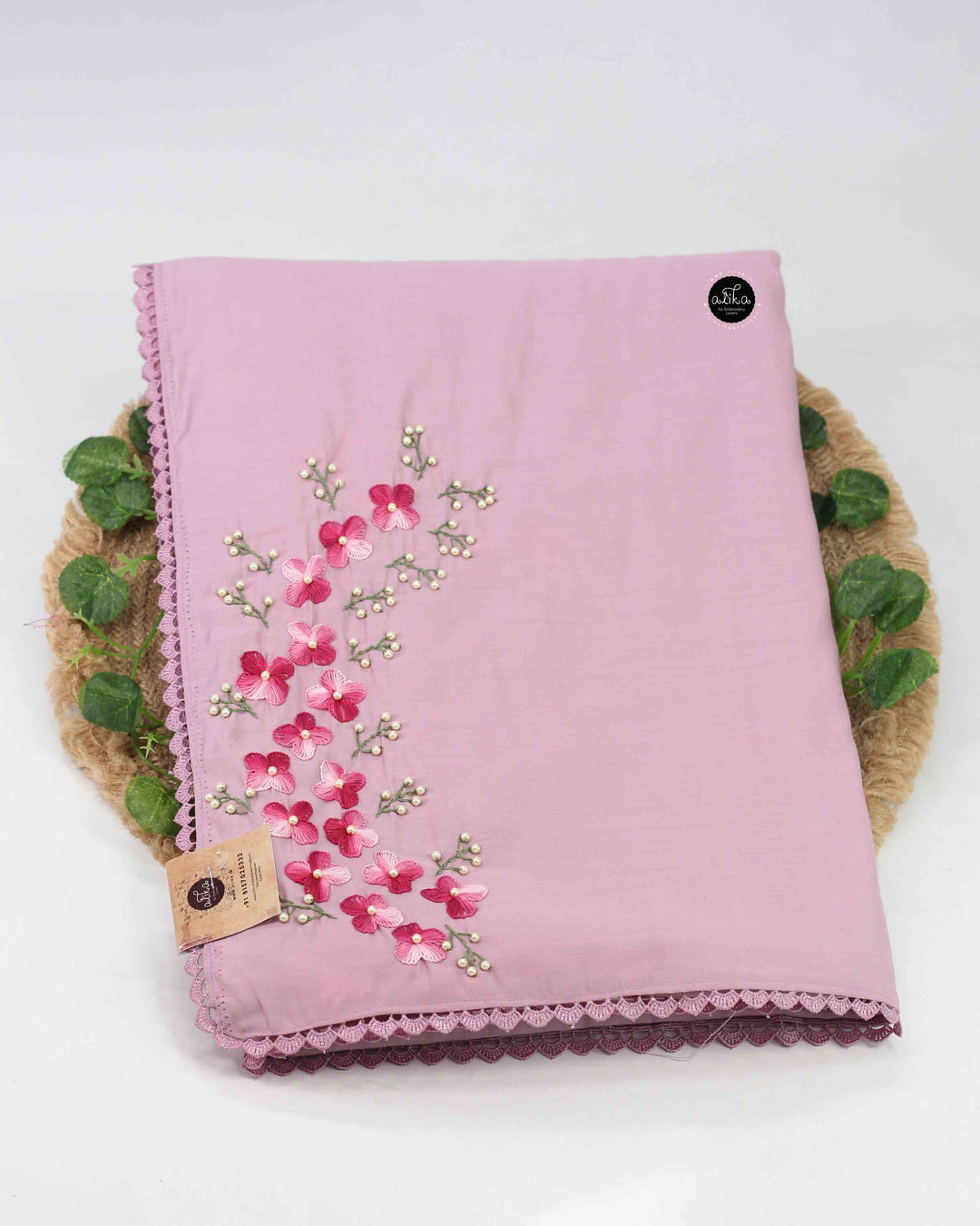 Rose Pink Semi Silk Saree with Floral Hand Embroidery