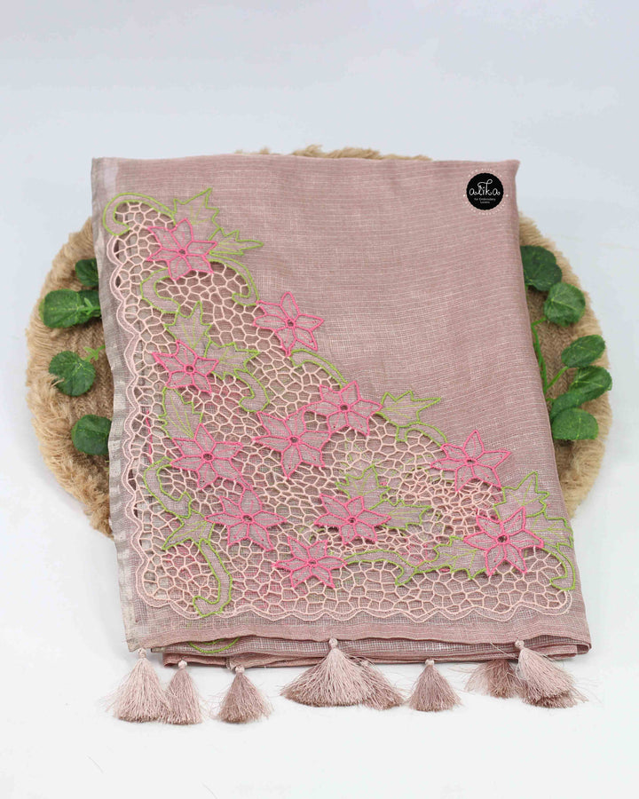 Rose Gold Pure Tissue Saree with Floral Twine Cutwork