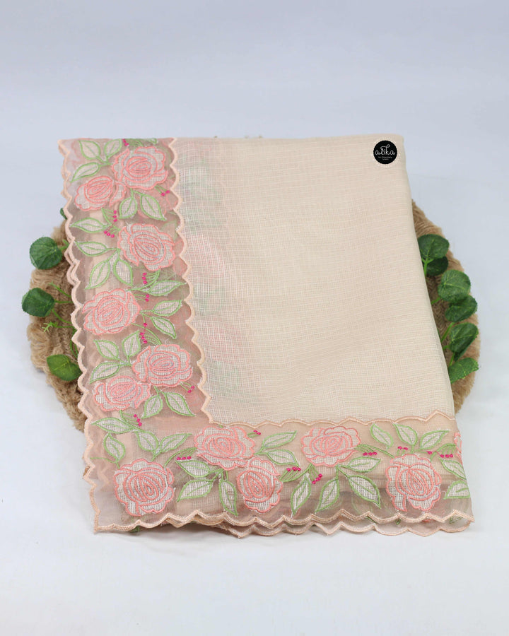 Beige Silky Kota Saree with Floral Appliqué Border