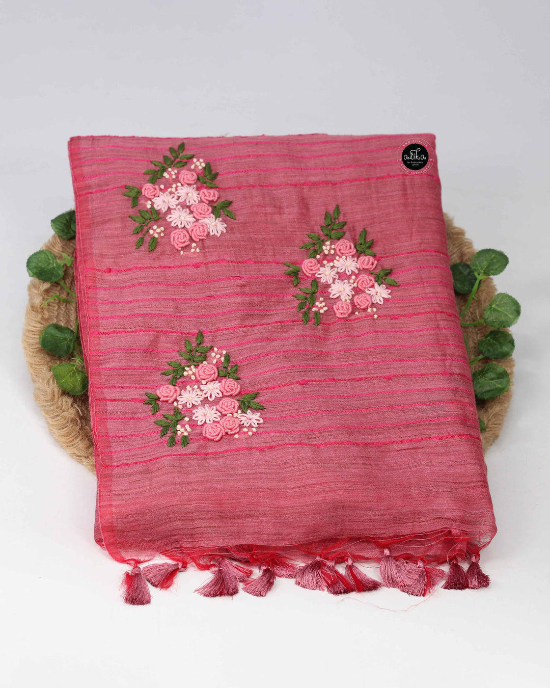 Dark Salmon Pink Semi Linen Saree with Floral Hand Embroidery