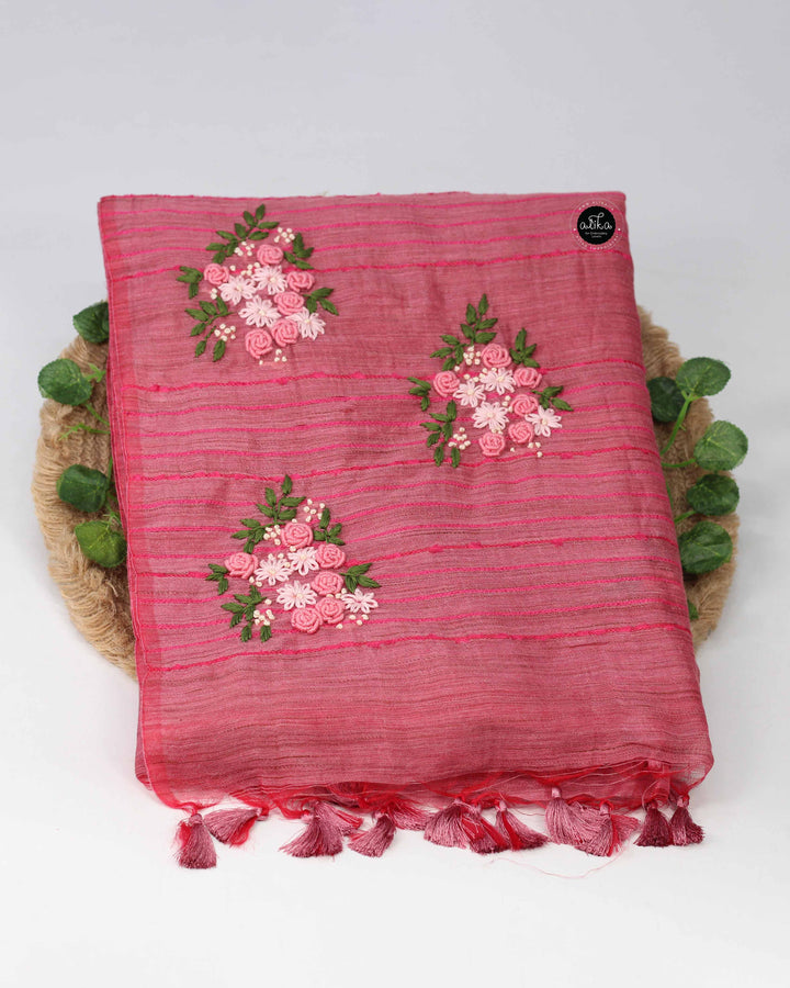 Dark Salmon Pink Semi Linen Saree with Floral Hand Embroidery