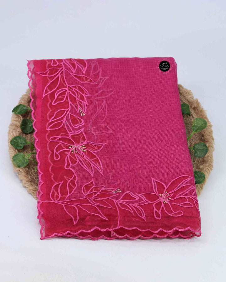 Rani Pink Pure Kota Doria Saree with Floral Appliqué Border