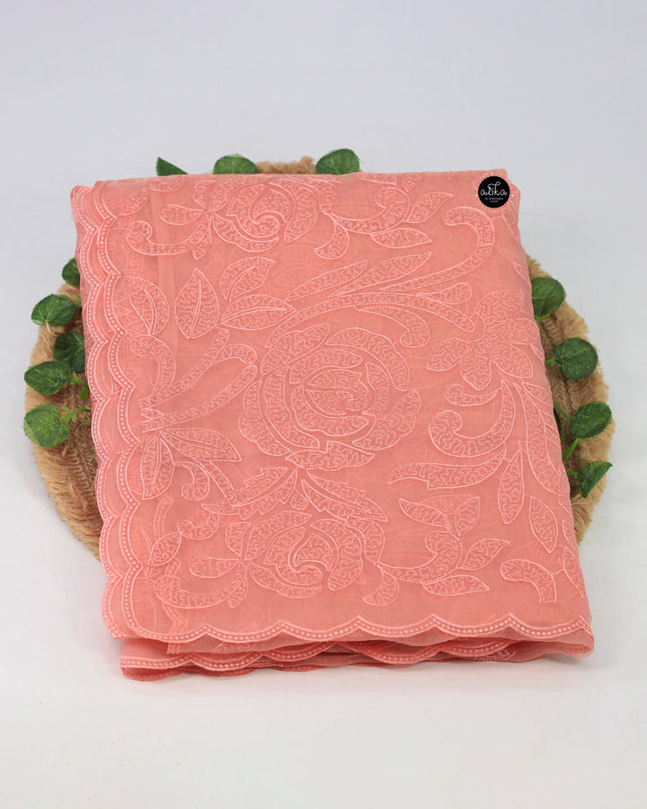 Peach Crushed Silk Saree with Floral Machine Embroidery