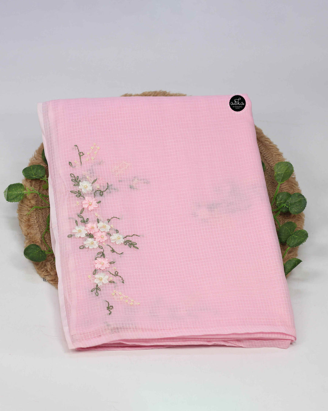 Baby Pink Cotton Kota Saree with Floral Ribbon &amp; Bead Work