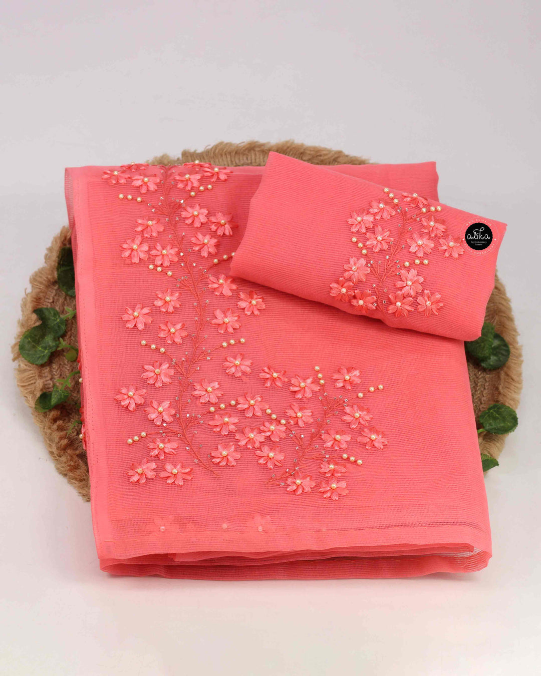 Dark Peach Kota Saree with Floral Ribbon Work