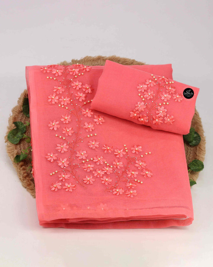 Dark Peach Kota Saree with Floral Ribbon Work