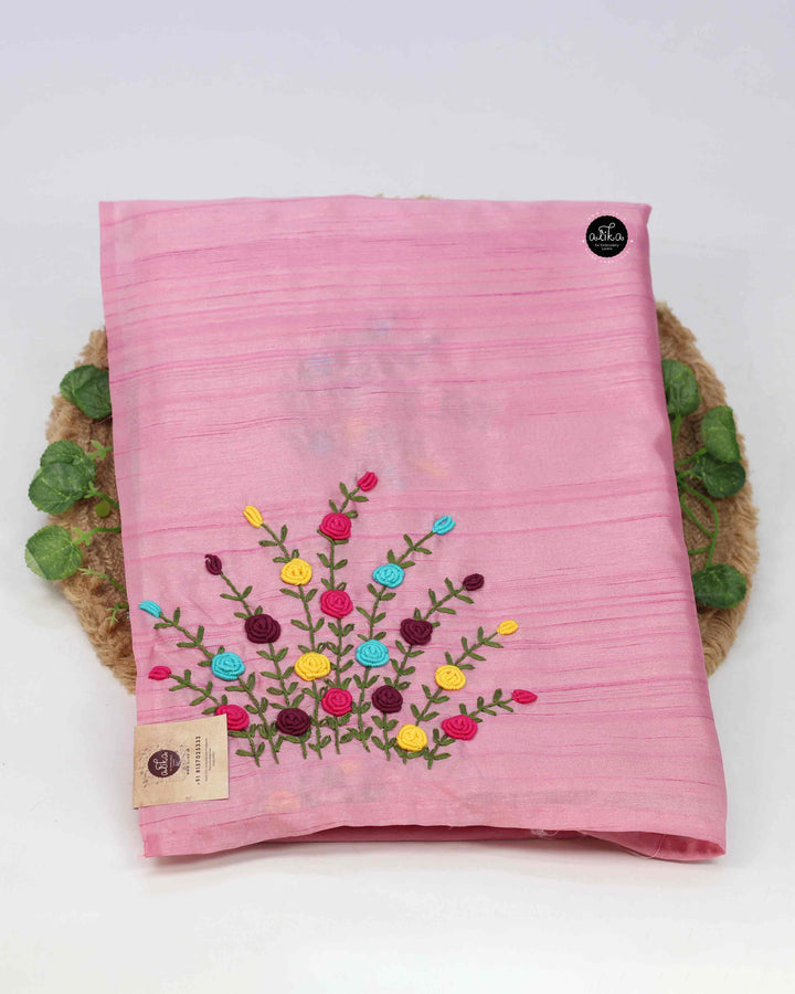 Rose Pink Designer Silk Saree with Multi Colour Floral Hand Embroidery