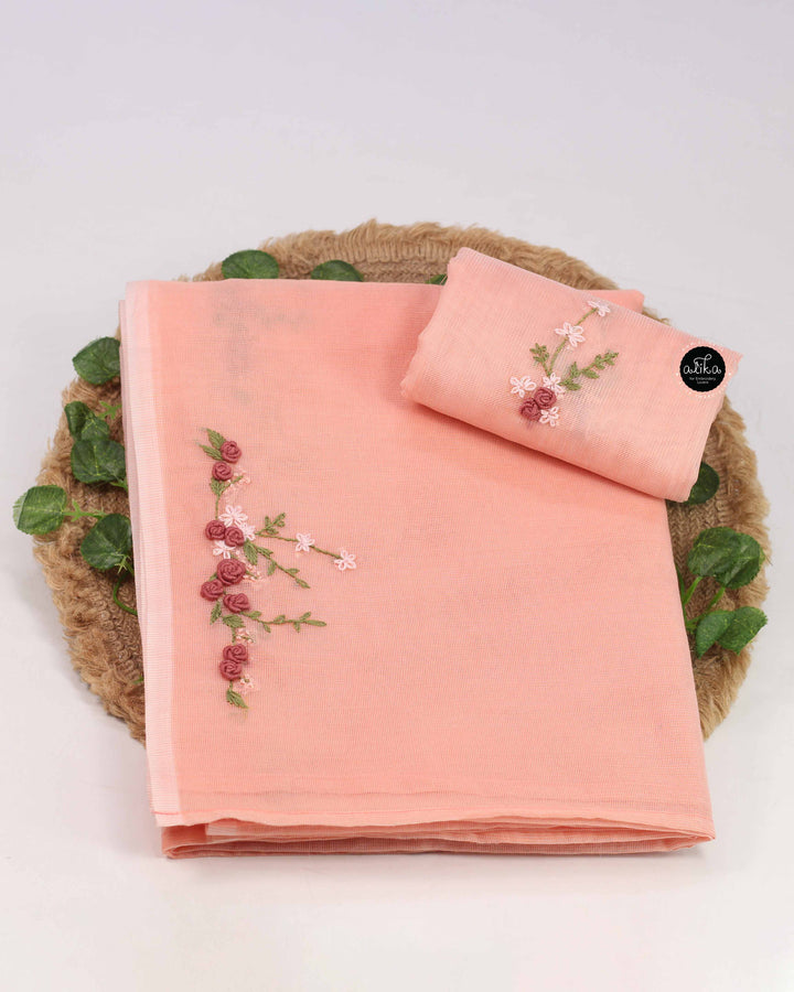 Light Peach Kota Saree with Floral Hand Embroidery