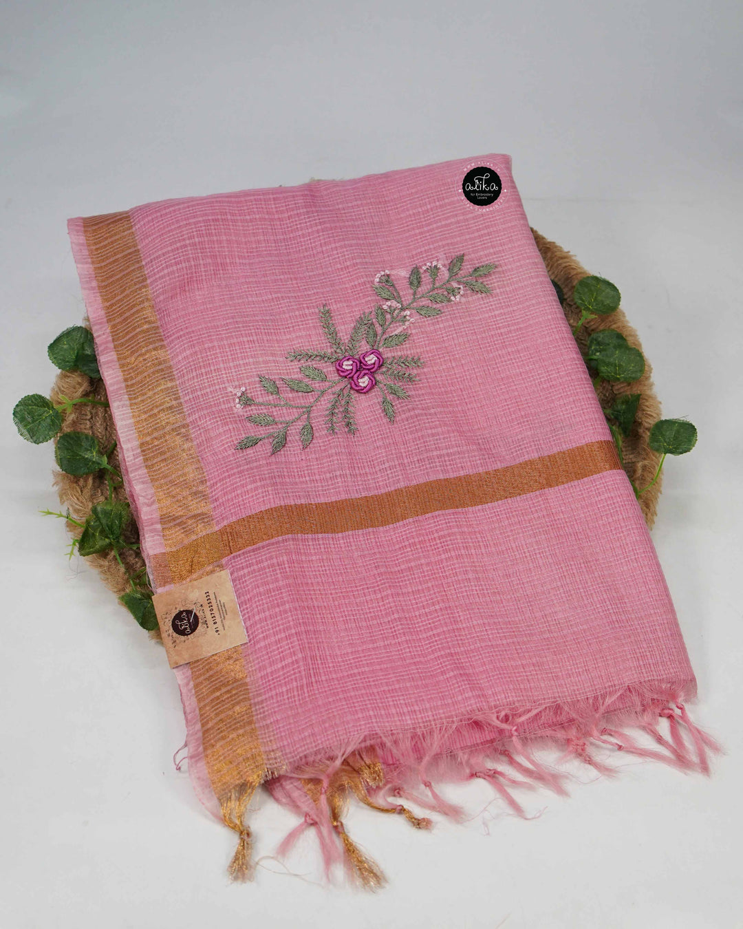 Light Pink Silky Kota Saree with Floral Hand Embroidery