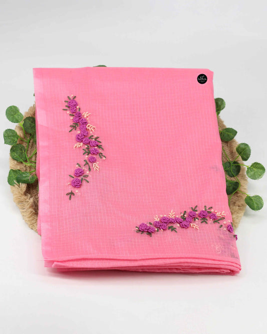 Light Pink Silky Kota Saree with Floral Hand Embroidery – Elegant Ethnic Wear