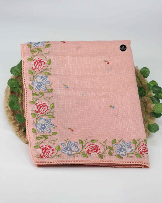 Light Orange Silky Kota Saree with Floral Machine Embroidery & Lace Piping