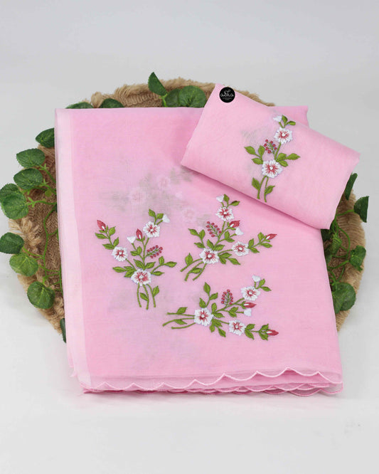 Light Pink Kota Saree with Floral Machine Embroidery | Elegant Ethnic Wear
