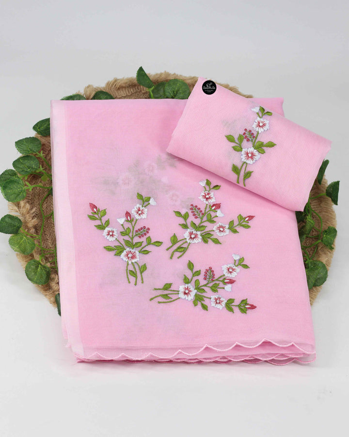 Light Pink Kota Saree with Floral Machine Embroidery