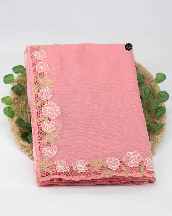 Peach Kota Saree with Floral Cutwork Border