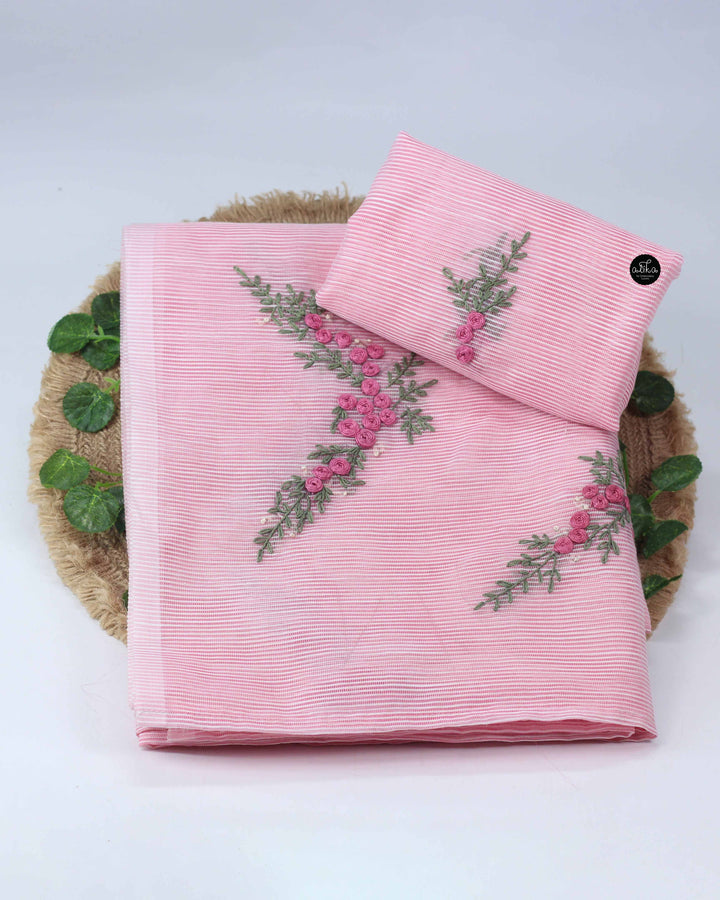 Light Pink Kota Saree with Hand Embroidery