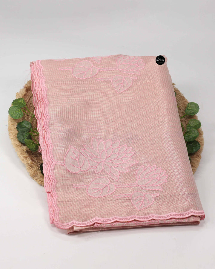 Light Pink Semi Tissue Saree with Appliqué Work and Printed blouse Material