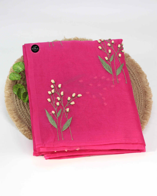 Dark Pink Kota Saree with Floral Hand Embroidery