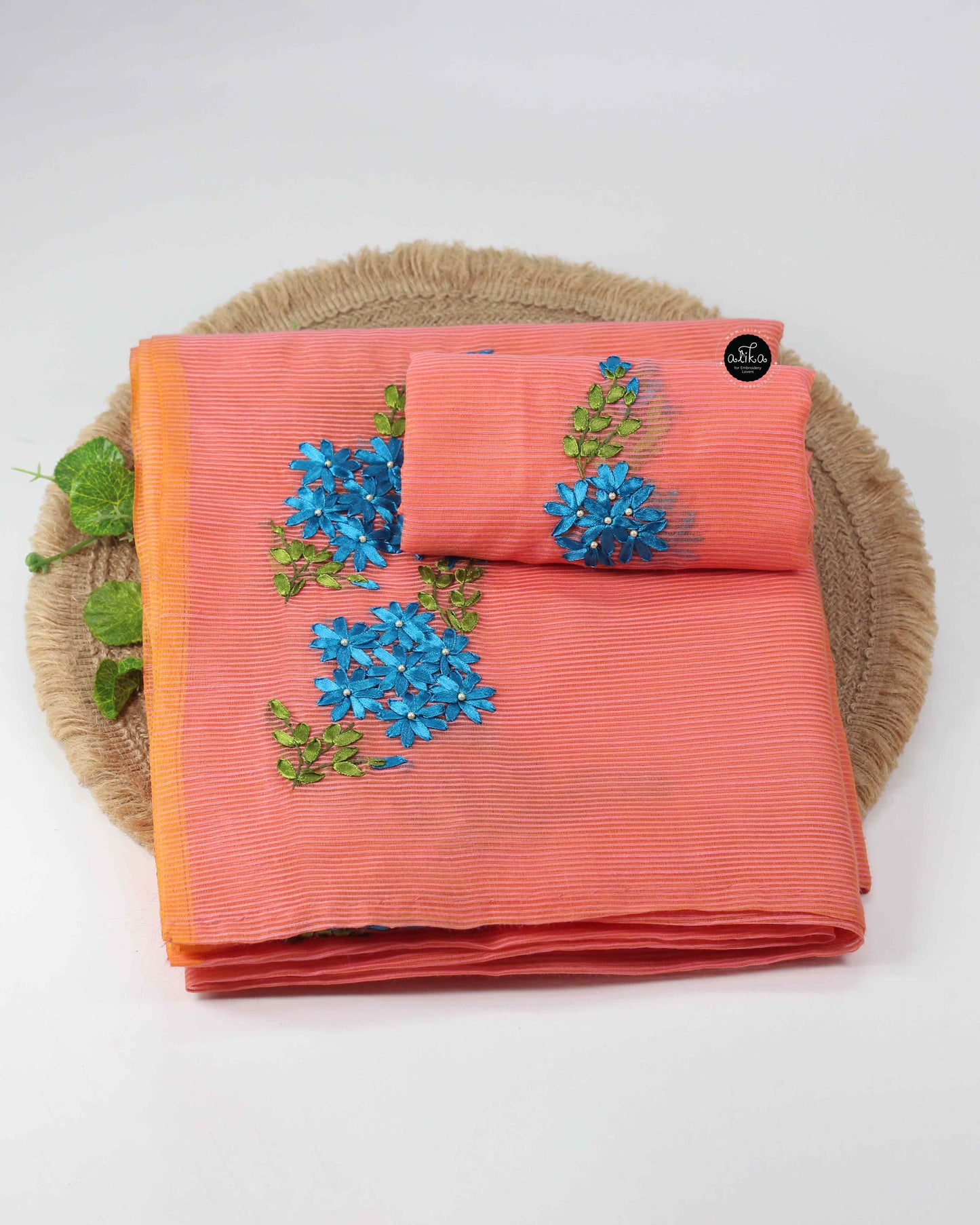 Peach Kota Saree with Floral Ribbon Work