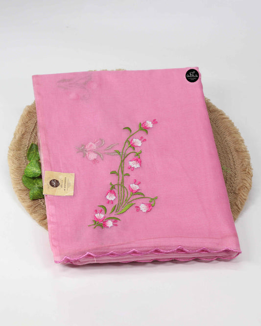 Pink Silky Kota Saree with Floral Machine Embroidery