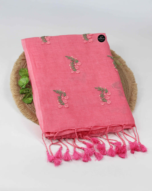 Salmon Pink Pure Linen Saree with Hand Embroidery