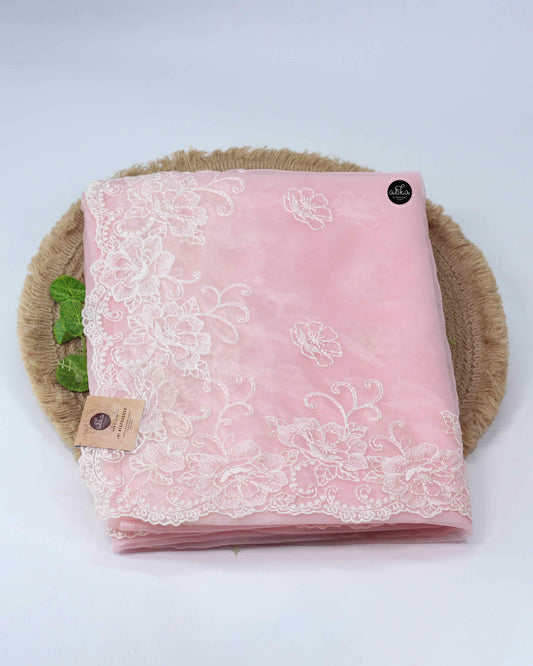 Pastel Pink Organza Saree with Floral Machine Embroidery