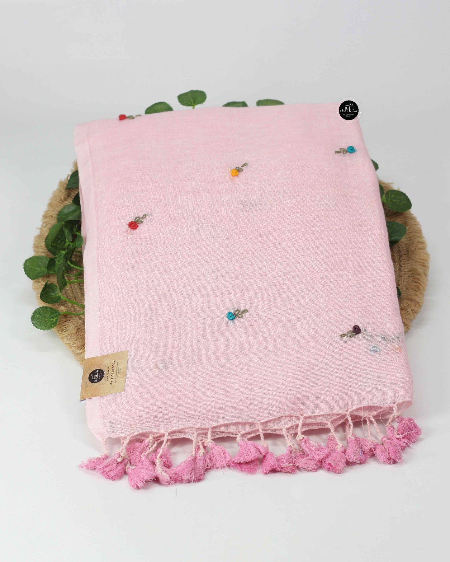 Pale Pink Linen Saree with Mini Bullion Embroidery
