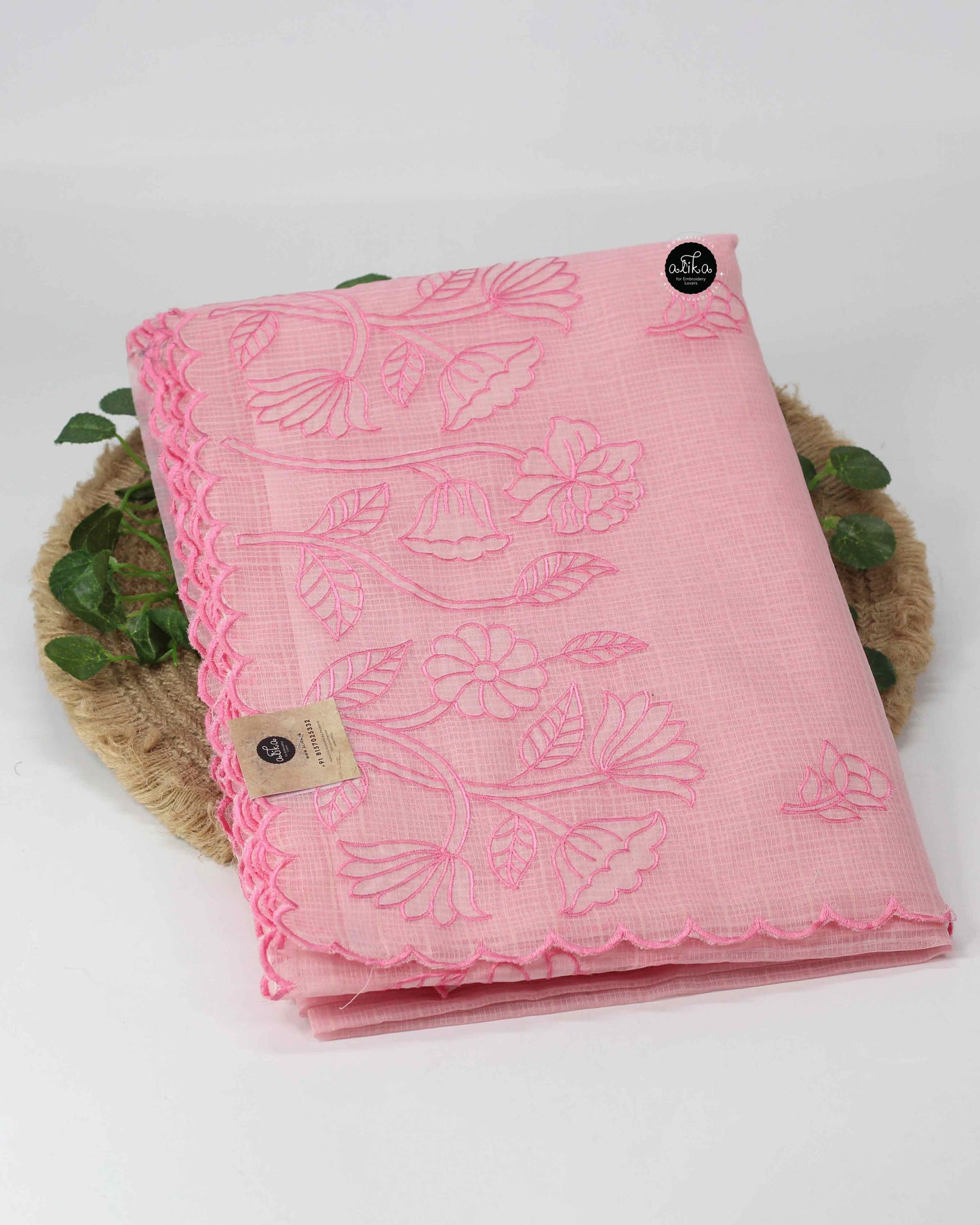 Light Pink Kota Saree with Floral Machine Embroidery