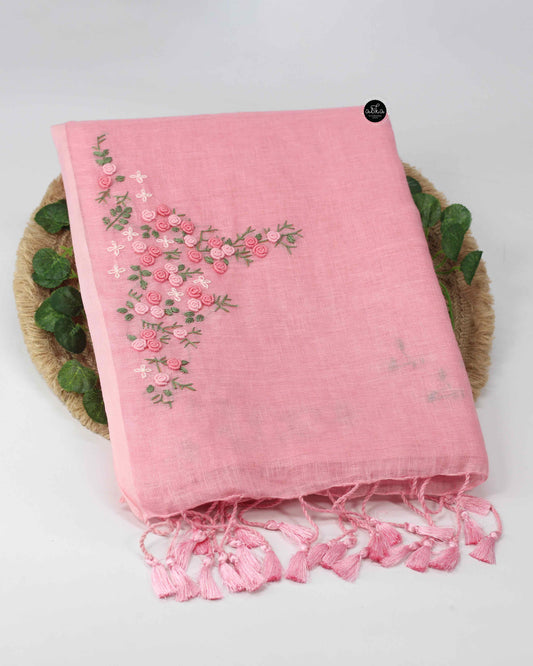 Pastel Pink Pure Linen Saree with Floral Hand Embroidery