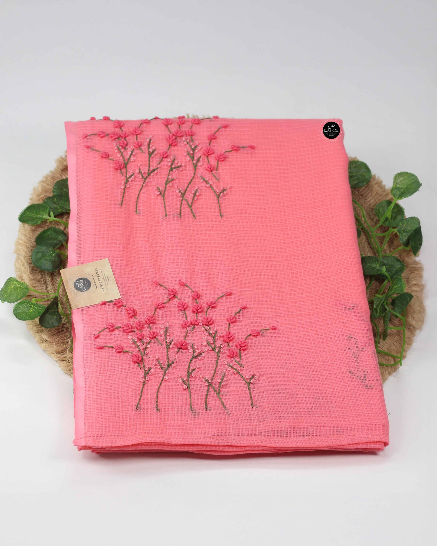 Brink Pink Cotton Kota Saree with Hand Embroidery