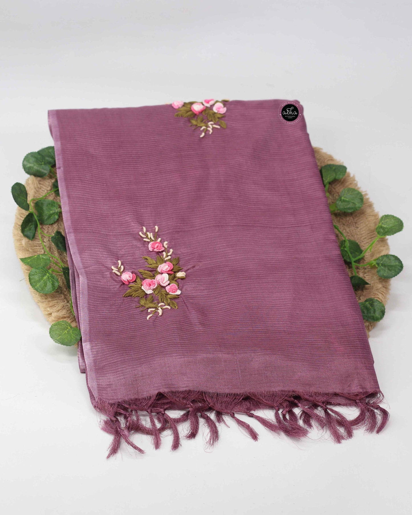 wine purple Semi Tussar Silk Saree with Hand Embroidery