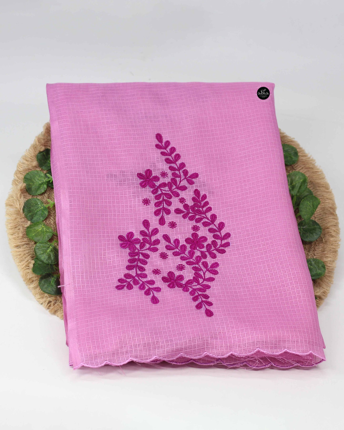 Pink Silky Kota Saree with Floral Machine Embroidery