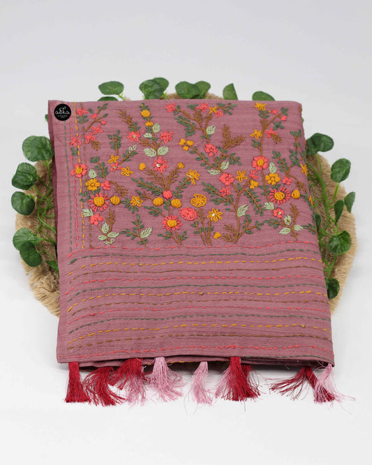 Cinnamon Rose Semi Silk Saree with Floral Hand Embroidery & Sequin Work