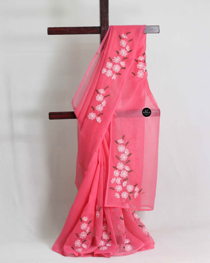 Warm Pink Kota Saree with Floral Shadow &amp; Bead Work