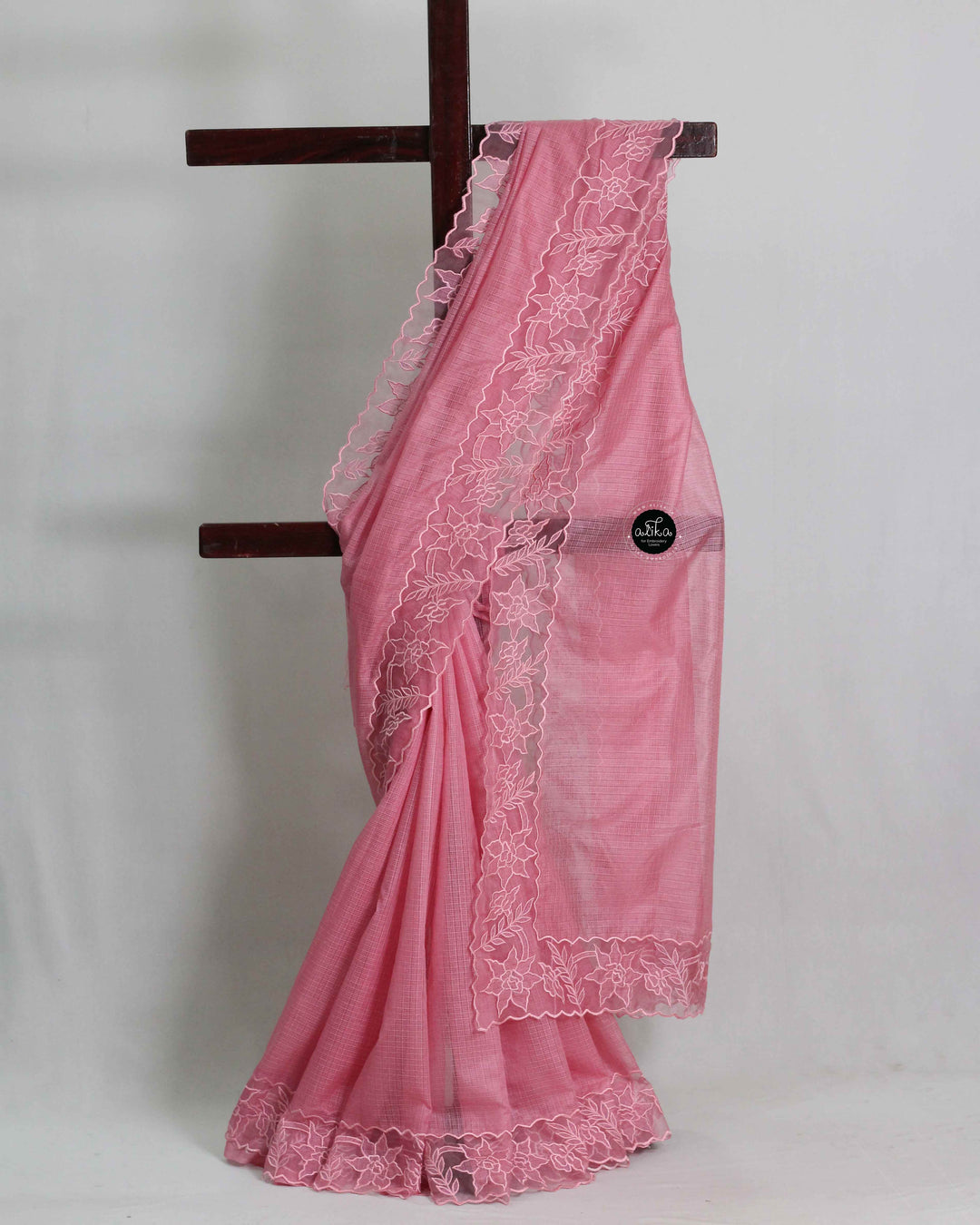 Salmon Pink Silky Kota Saree with Floral Appliqué Border