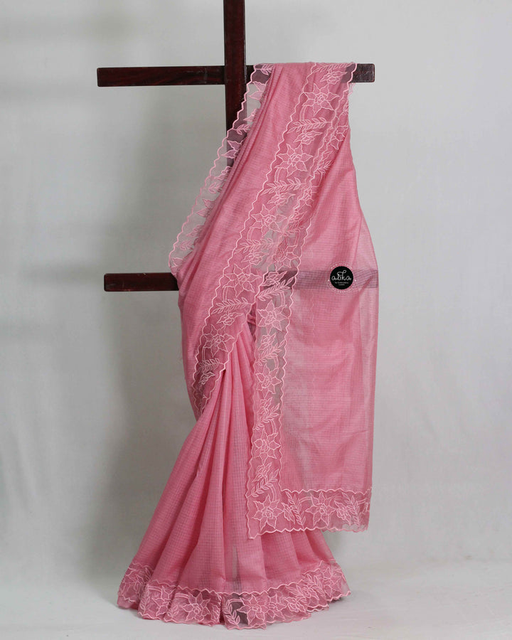 Salmon Pink Silky Kota Saree with Floral Appliqué Border