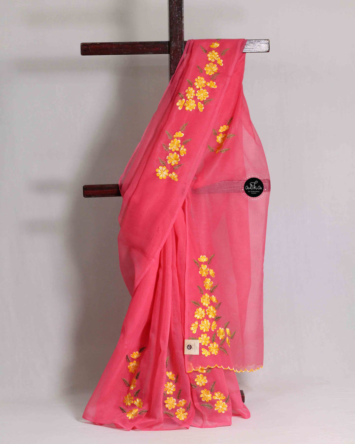 Warm Pink Kota Saree with Floral Machine Embroidery