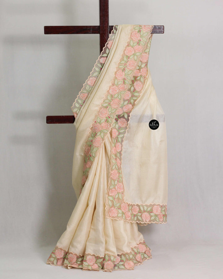 Beige Silky Kota Saree with Floral Appliqué Border