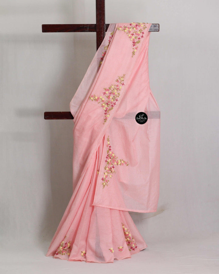 Blush Pink Bhagalpuri Silk Saree with Floral Hand Embroidery