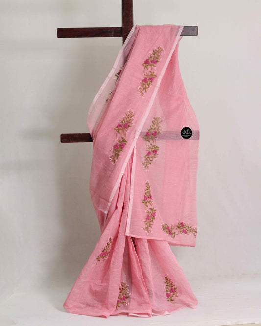 Light Pink Kota Saree with Floral Hand Embroidery – Elegant Ethnic Wear