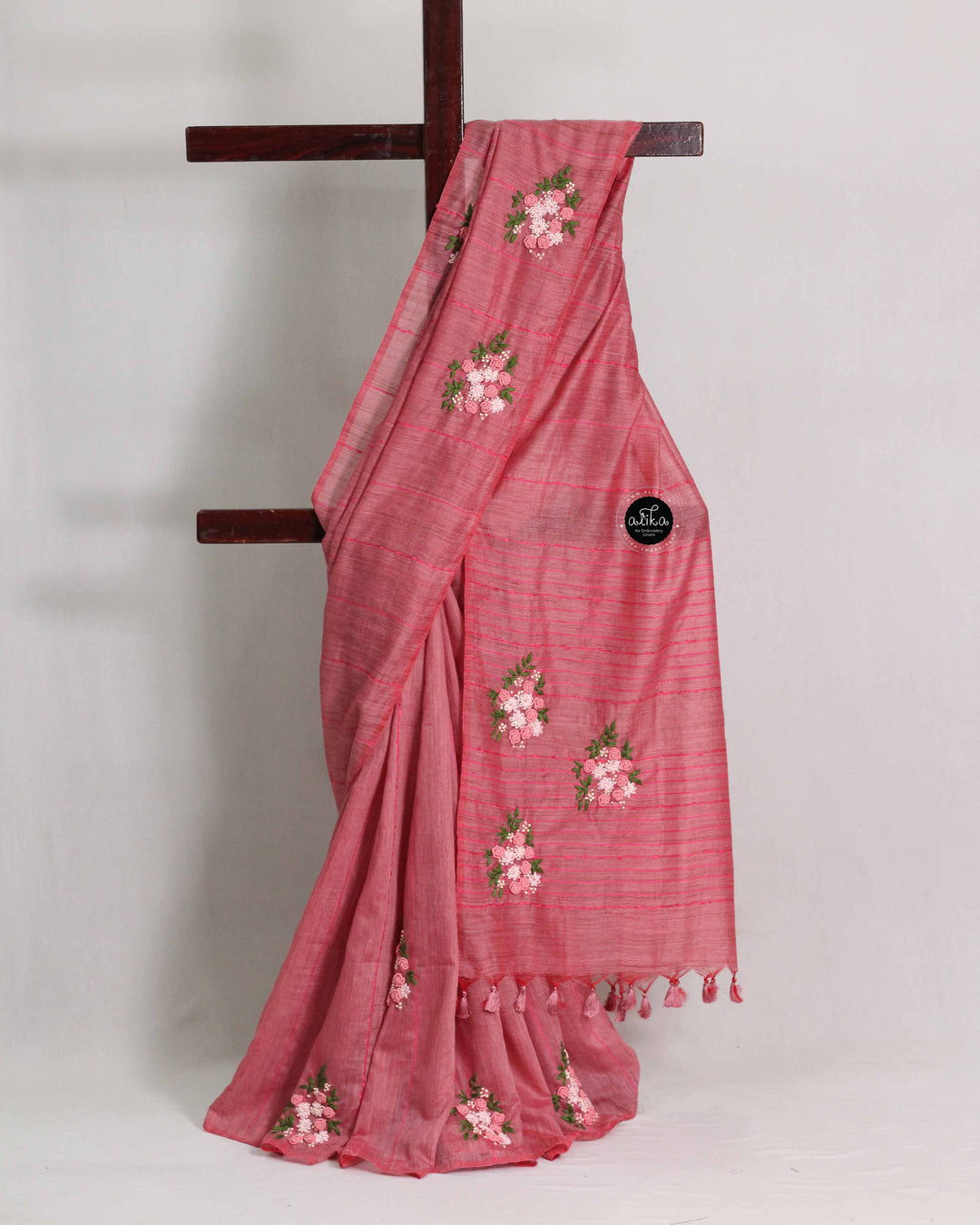 Dark Salmon Pink Semi Linen Saree with Floral Hand Embroidery