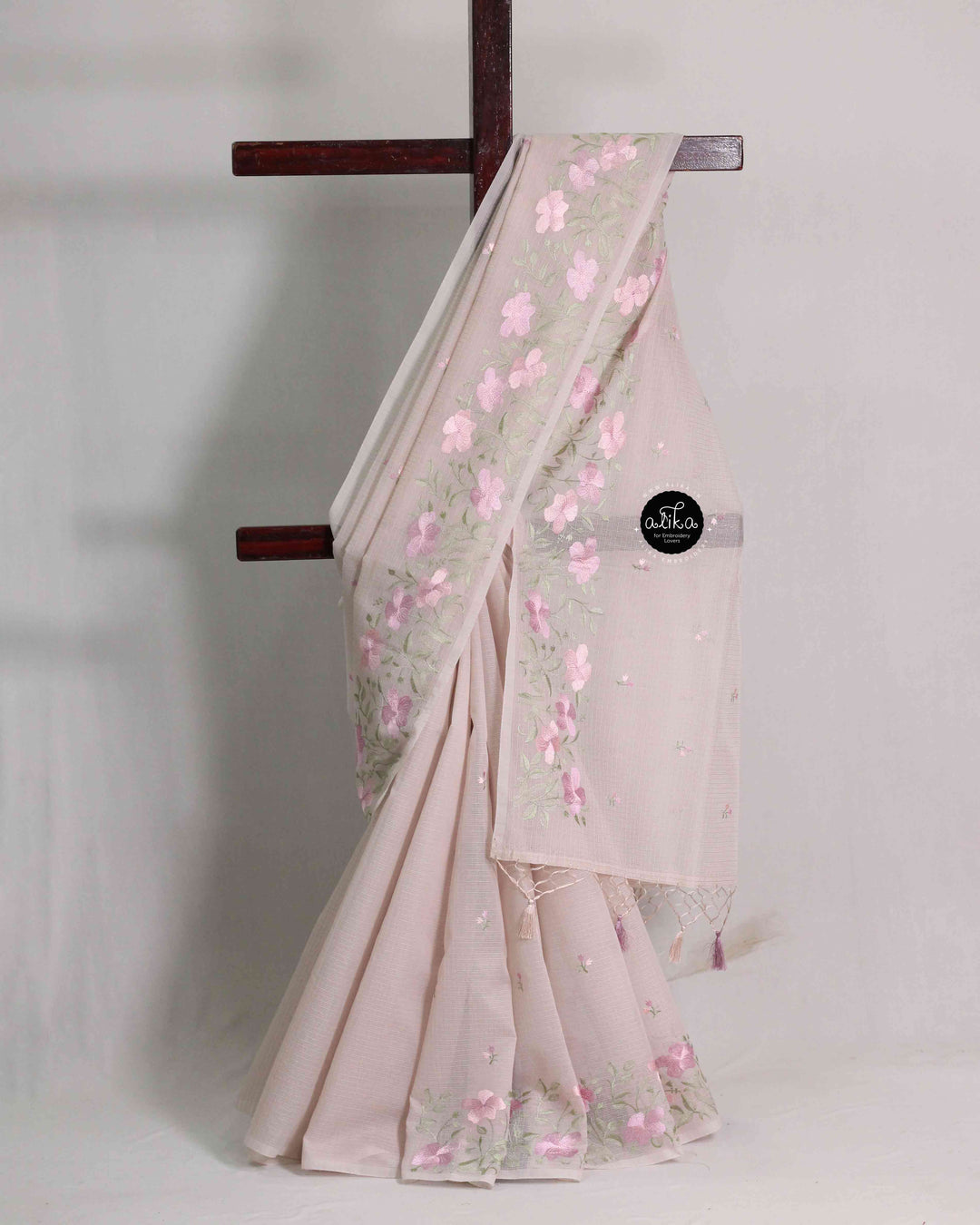 Champagne Pink Silky Kota Saree with Floral Machine Embroidery