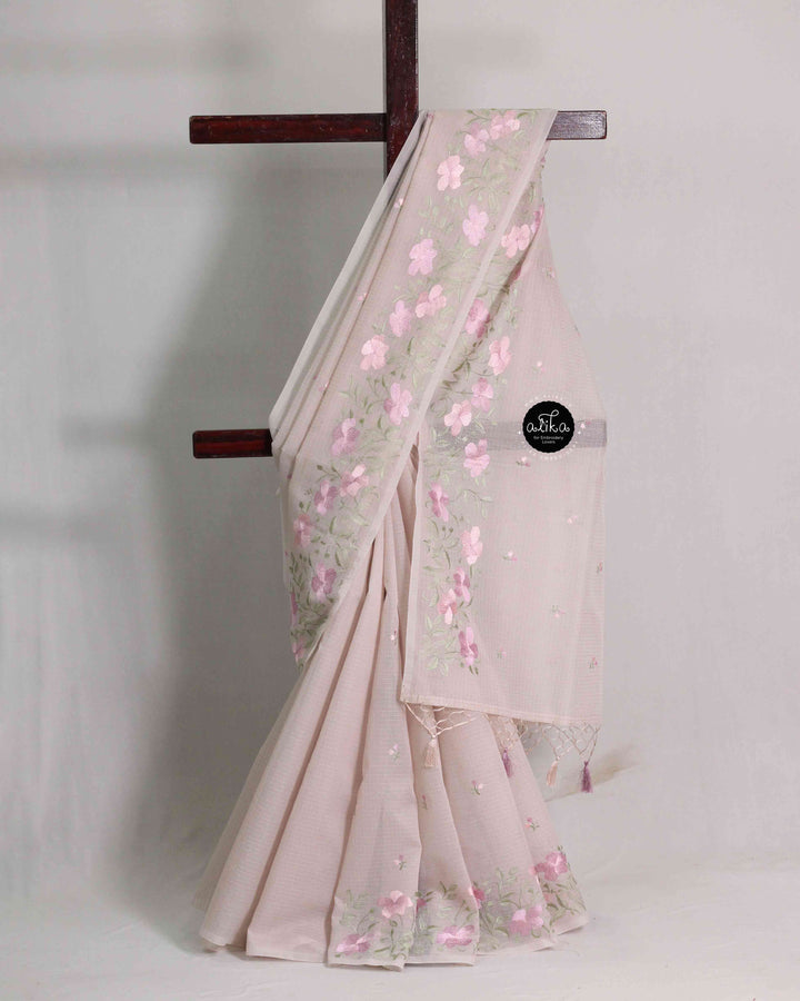Champagne Pink Silky Kota Saree with Floral Machine Embroidery
