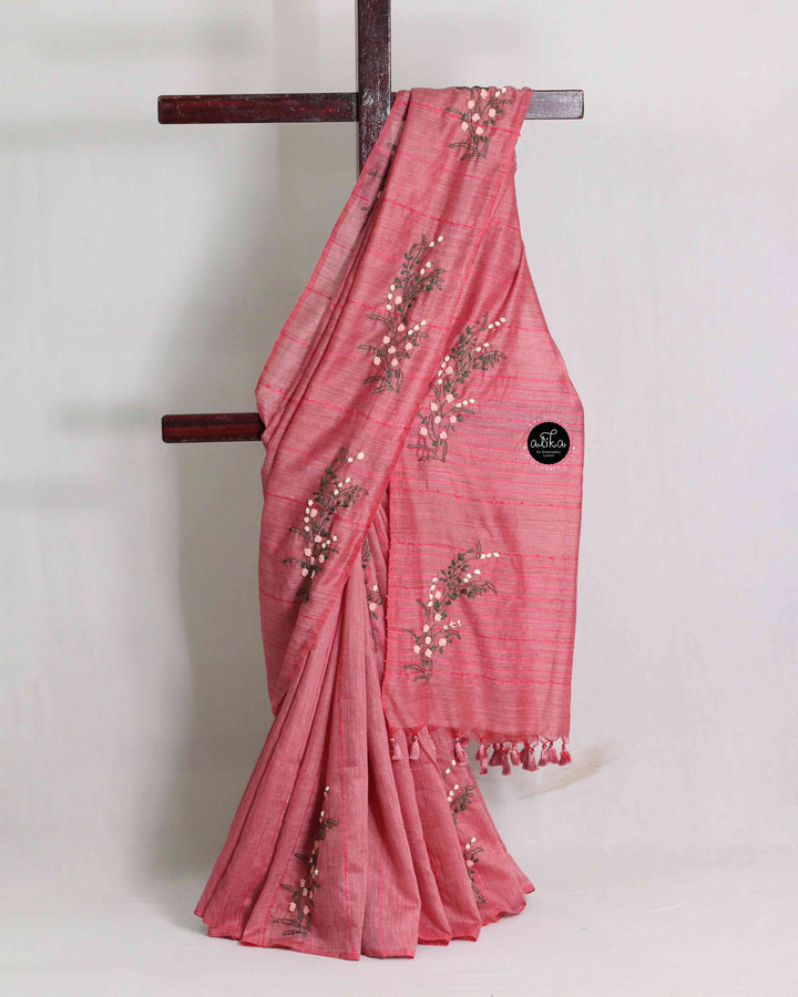 Dark Salmon Pink Semi Linen Saree with Floral Hand Embroidery